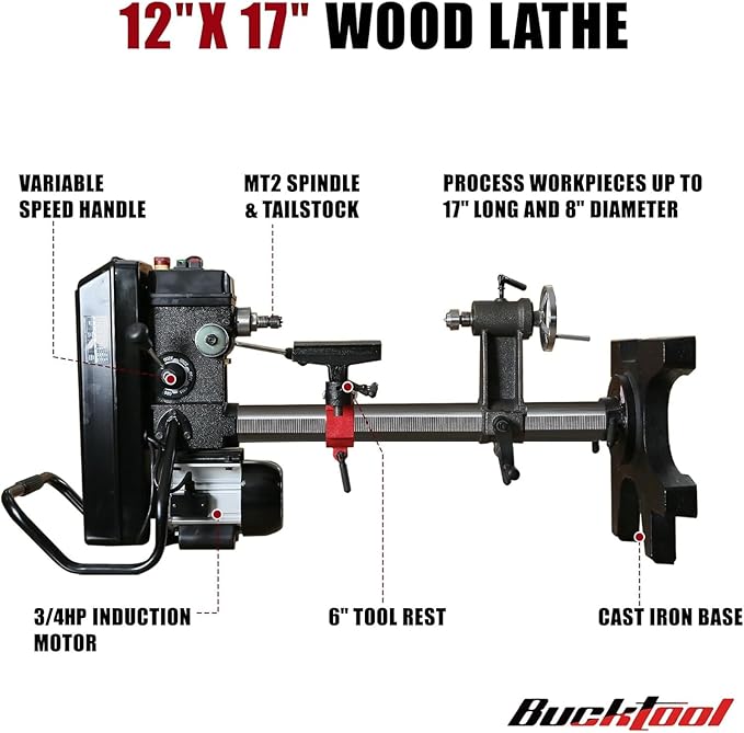 BUCKTOOL 3/4HP 12" Drill Press & 12"x17" Wood Lathe Combo, 6.2Amp 580-3200RPM Variable Speed Benchtop Drill Press and Woodworking Lathe with Tool Rest
