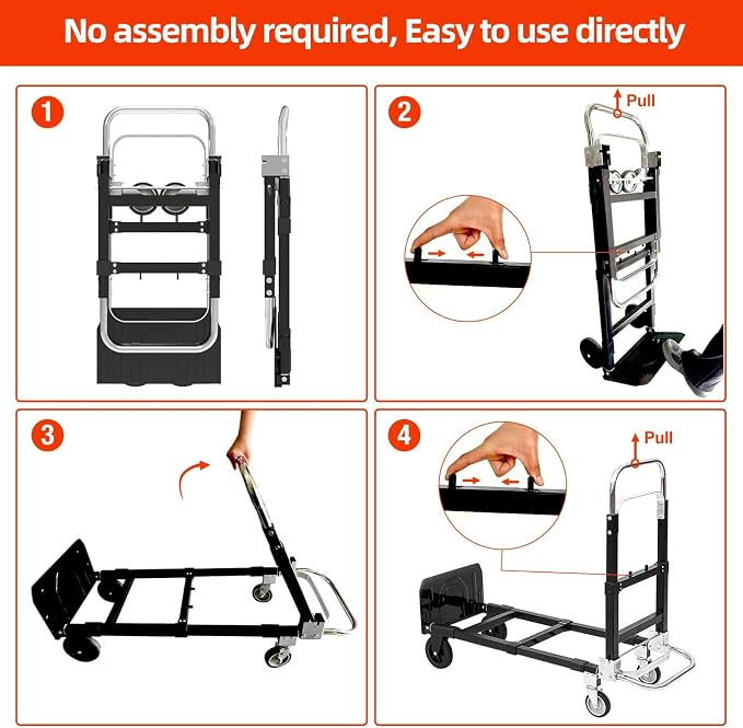 3-in-1 Foldable Hand Truck, 600lbs Heavy Duty Multi-Purpose Compact Dolly Cart with 4 Rubber Wheels, Adjustable Flatbed Folding Cart is Deal for Luggage Handling, Travel, Moving, Shop, and Office Use