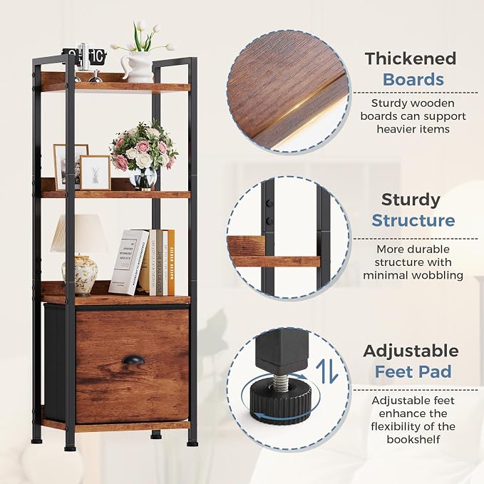 DUMOS 4 Tier Bookshelf with Fabric Drawer, Industrial Bookcase, Narrow Display Standing Shelf, Wood and Metal Storage Shelf Organizer in Bedroom, Living Room, Brown