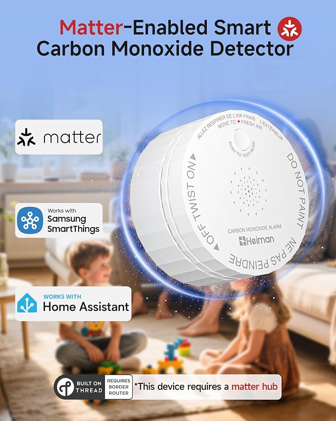 Heiman Carbon Monoxide Detectors, Matter CO Detector Battery Powered, UL 2034 5th Certified, Smart Wireless Mini CO Alarm for Home, Real-time Notification, for Smartthings,Home Assistant