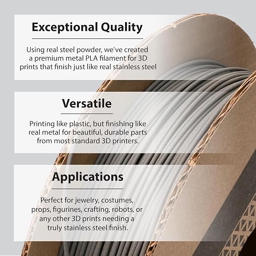 Protopasta Stainless Steel Filled PLA 3D Printer Filament | ProtoPlant Metal-Filled PLA Plastic Printer Filament with 60% Steel | Polish & Patina Friendly Metal Composite Filament | 2kg Metallic Spool