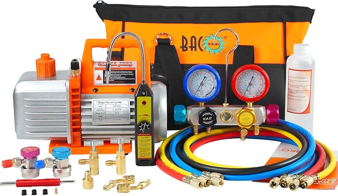 BACOENG 4.5CFM AC Vacuum Pump and Gauge Set, 4 Way HVAC Vacuum Pump Kit with Leak Detector for R134a R410a R22 Refrigerants AUTO/Mini Split Vacuum System, with R134a Quick Couplers, Can Tap & 4 Hoses