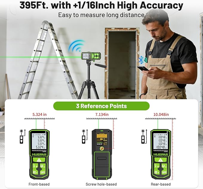 Huepar 395FT Bluetooth Green Laser Measuring Tool with 60" Tripod, 1/16in Accuracy Laser Distance Measurement Tool, Digital Laser Room Measuring Device, Laser Distance Meters