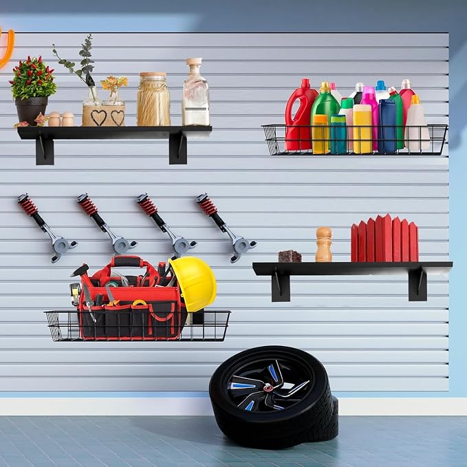 8 Pack Wooden Slatwall Shelf, 19.7 x 7.9 Inch Slatwall Shelves with Metal Brackets Heavy Duty Slat Wall Organizer Slatwall Shelving Accessories for Garage, Home (8, 19.7"D x 7.9"W x 0.6"H)
