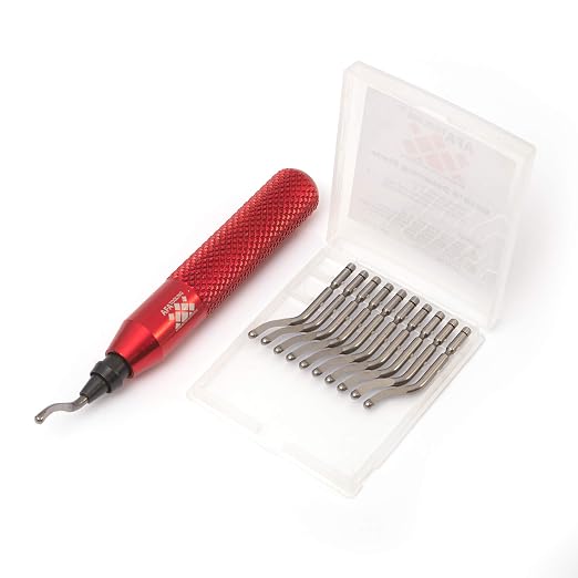 AFA Tooling - Deburring Tool with 11 M35 Cobalt HSS Blades, Micro-Polished & Anodized Aluminum Handle with Diamond Knurled Grip, Edge Remover for 3D Printing, Resin, PVC, Copper & Stainless Steel