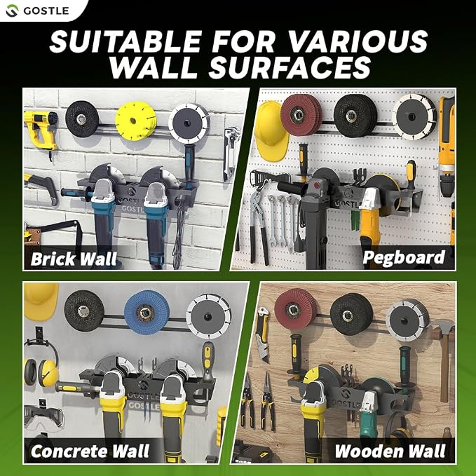 2 Bay Angle Grinder Holder with Discs Hook Rack, Grinders Power Tools Holder Storage Rack, Wall Mount Organizer Bracket for Cutters Polishers with Cord Hanger and Hooks