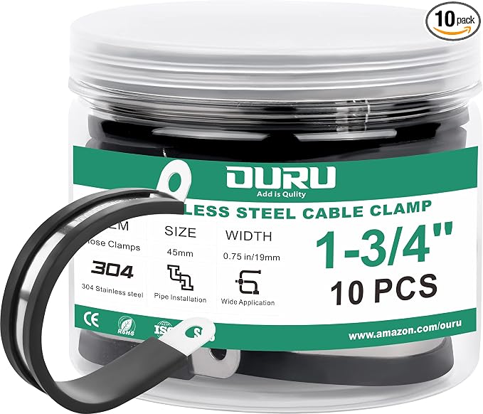 OURU 10pcs 1-3/4 Inch Stainless Steel & Rubber Coated Cushioned Insulated Cable Clamps, Automotive Pipe & Wire Clamps, Black