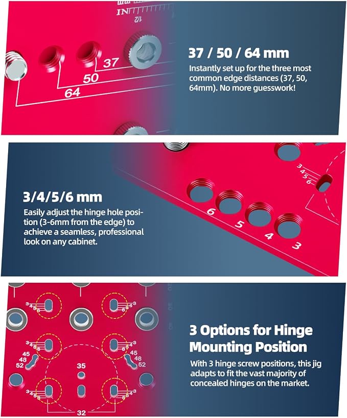 2-in-1 11-Holes Shelf Pin Jig, Concealed Hinge Jig, Drilling Guide with Self-Contained Clamping, All-Metal, for Cabinet Hinge & 1/4" 5mm Shelf Pin, Woodworking Drill Guide Tool (Red)