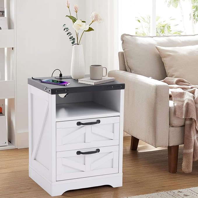 GarveeHome Farmhouse Nightstand -Night Stand White with Charging Station, Bed Side Tables Bedroom with 2-Drawer USB, Industrial End Table, Sturdy Engineered Wood (White with Drawer)