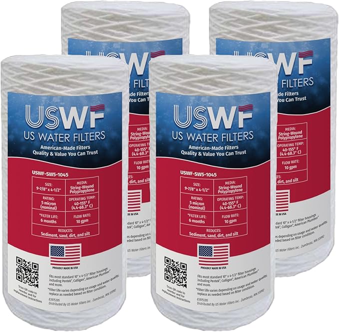 5 Micron 10 Inch x 4.5 Inch | 4-Pack String-Wound Polypropylene Whole House Sediment Cartridge | Compatible with Pentek WP5BB97P, Culligan CW5-BBS, Hydronix SWC-45-1005, Made in USA, US Water Filters