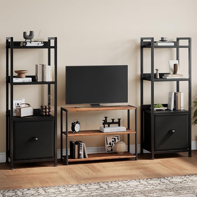 DUMOS 4 Tier Bookshelf with Fabric Drawer, Industrial Bookcase, Narrow Display Standing Shelf, Wood and Metal Storage Shelf Organizer in Bedroom, Living Room, Black