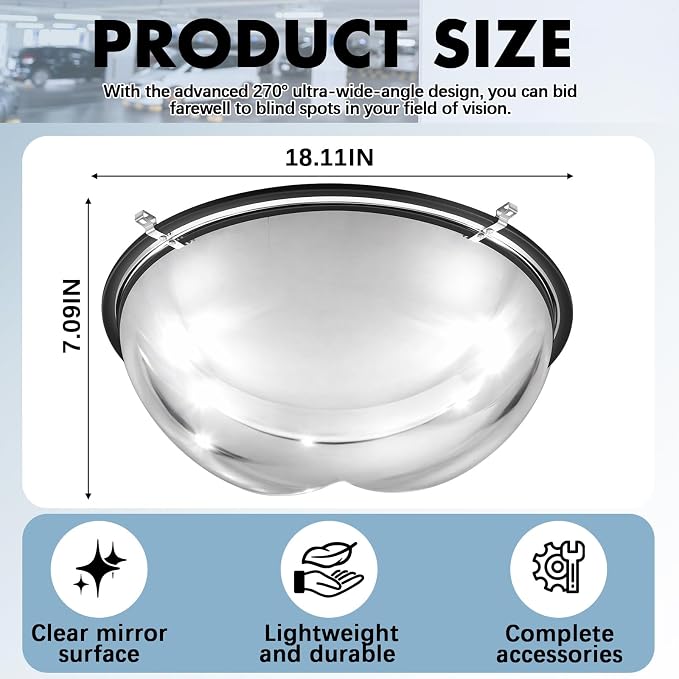 Sintuff 1 Pcs 18'' 270 Degree Corner Dome Mirror, Impact-Resistant Acrylic Corner Dome, High Viewing Angle, Security and Safety Mirror for Blindspot