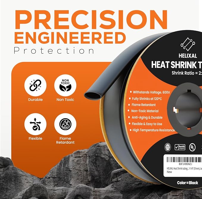 1-1/4" 31mm HELIXAL 2:1 Heat Shrink Tubing, Electrical Industrial Shrink Tube for Wire Insulation, Shrink Wrap Tubing, Electrical Insulation, Flame Retardant Cable Management Spool 60ft