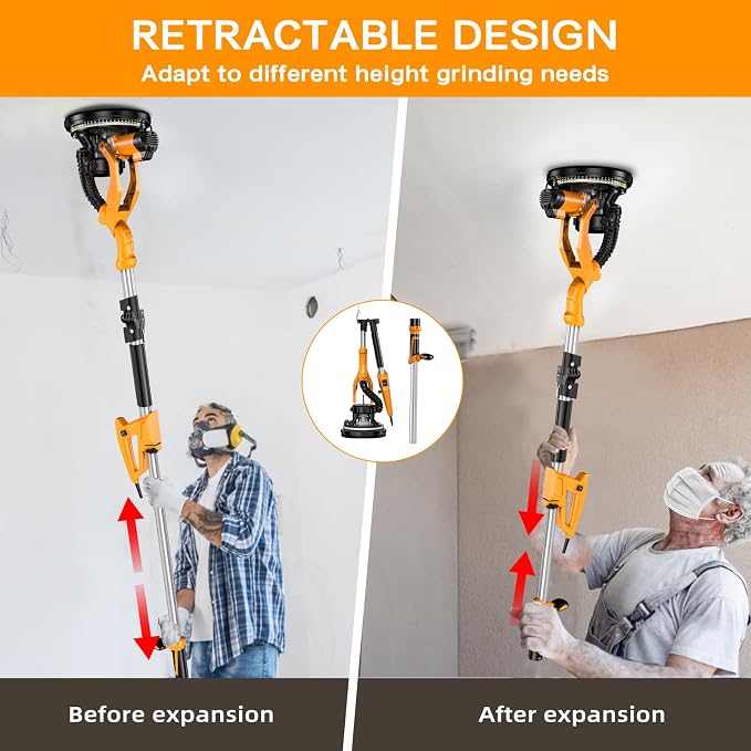 Drywall Sander Popcorn Ceiling Removal Tool with Vacuum Dust Collection 9 Variable Speed Collapsible Extendable Handle Electric Sander for Drywall with LED Light 16Pcs Sanding Discs Yellow