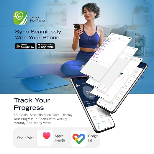 Nautica Smart Scale for Body Weight – BMI, Body Fat, Muscle Mass – 12 Metrics, Bluetooth App, ITO Technology, Hidden LED Display, 440lb Capacity – Body Tracker