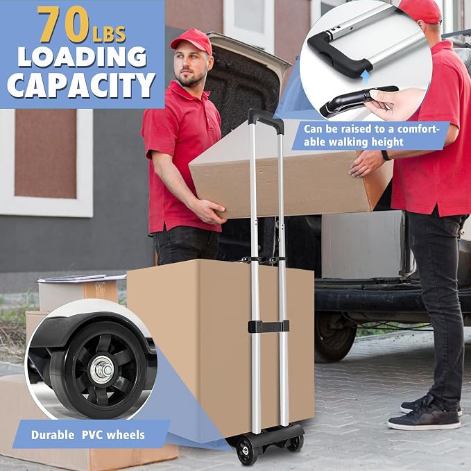 Folding Hand Truck Aluminum Trolley,Small Dolly, Foldable Hand Cart Collapsible 2 Wheel Luggage Trolley Dolly Expandable Large Chassis Foldable into Backpack