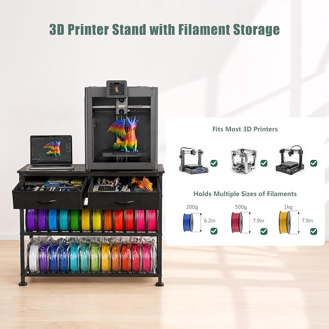 3D Printer Stand with Filament Storage Heavy Duty Metal 3D Printer Table with Fabric Drawer Anti-Vibration Filament Storage Rack for Workshop Studio Office Black