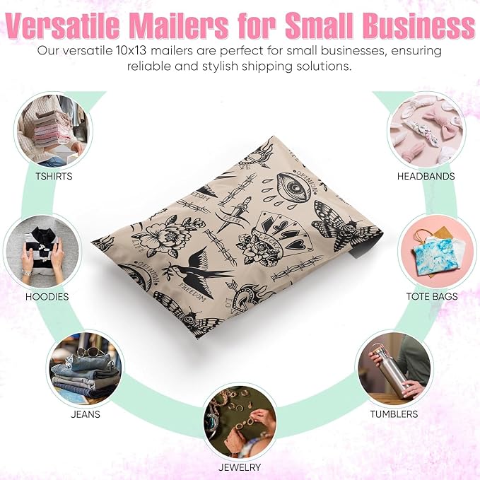 Package Mint Poly Mailers 10x13-100 Pack Vintage Tattoo Design Poly Mailer Shipping Bags - Waterproof, Tear-Resistant, Self Adhesive Seal - Decorative Mailing Bags for Clothes and Accessories