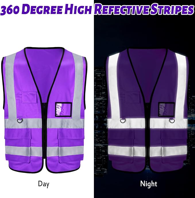 EBOOT 20 Pcs Vests High Visibility Reflective Vest Safety Neon Bright Work Construction Vest with Pockets Reflective Strips (Purple)