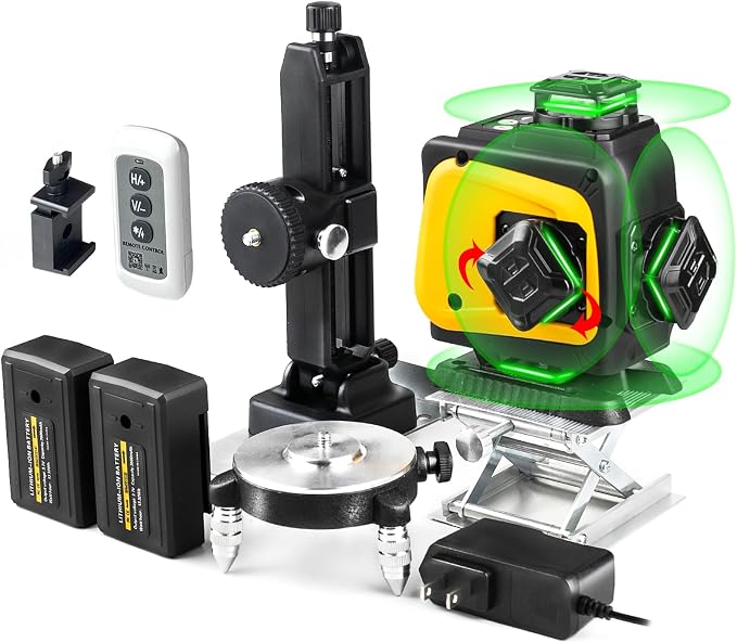 Self-Leveling Laser Level, 4x360° Green Beam Cross-Line Whole Room Coverage with Remote Control & Rotatable Window for Picture Hanging & Home Renovation