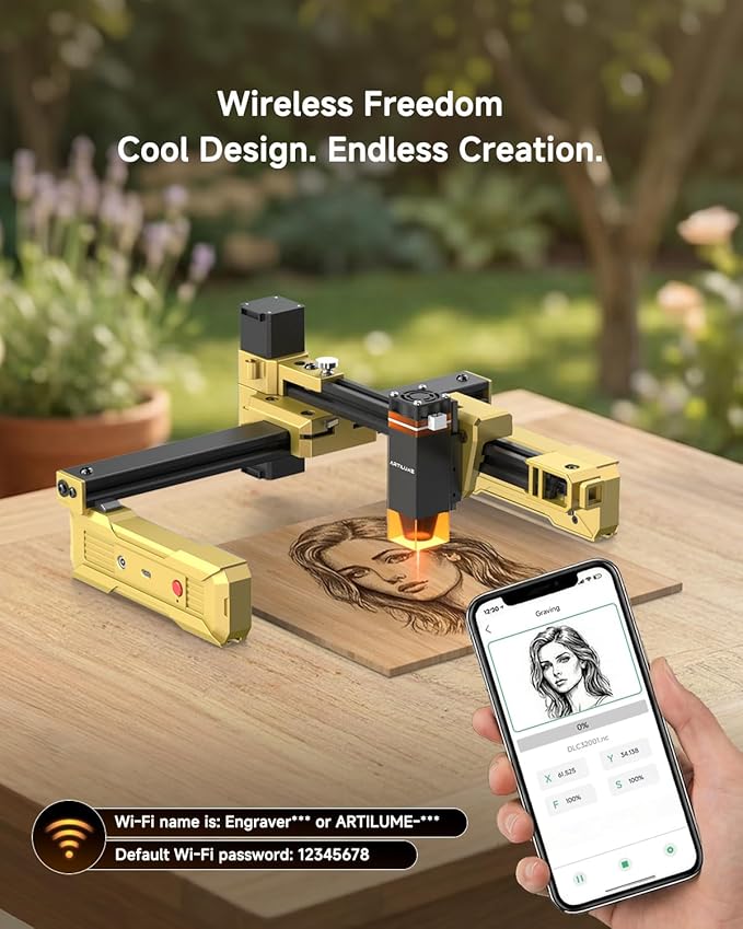 Artilume Laser Engraver Portable Laser Cutter APP-Control Foldable Laser Engraving Machine for Small Business 200x150mm Working Area for Wood Leather Acrylic Coated Metal–DIY & Crafting T1-7000mW