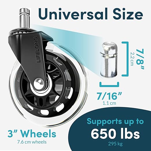 Lifelong Office Chair Wheels Replacement Rubber Chair Casters for Hardwood Floors and Carpet, Set of 5, Heavy Duty Casters for Chairs to Replace Office Chair Mats - Fits 98% (10 Pack)