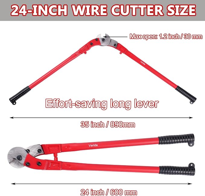 Verida Wire Cutters 24 inch, Industrial-Grade Heavy Duty Wire Rope Cutter, Chrome Vanadium Steel, Hardness 65 HRC. for Stainless Steel Wire and Hard Wire Ropes, Red