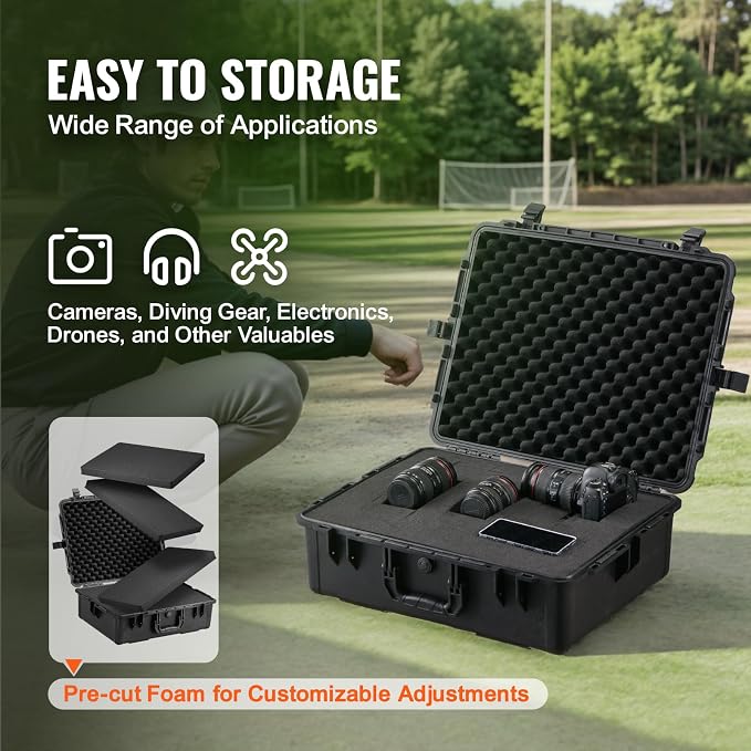 VEVOR Weatherproof Hard Case, Heavy Duty Protective Dry Box with Pre-cut Foam, and Retractable Pull Handles for Travel, Hunting, Military, Tactical, IP67 Waterproof Case for Cameras (24.4×19.3×8.9)