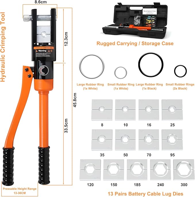 Brileine 16 Ton Hydraulic Crimping Tool, Professional Battery Cable Crimper with 13 Die Sets, 9AWG to 600MCM Cable Crimping Tool (Triple-Stroke Fast Hydraulic Crimper)