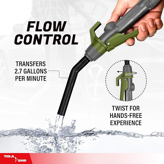 TERA PUMP Fuel Transfer Pump w/Quick Flow Control Nozzle | Telescopic Tube, Rechargeable Battery, 10FT Discharge Hose, Gas, Diesel, Water, 2.7 GPM