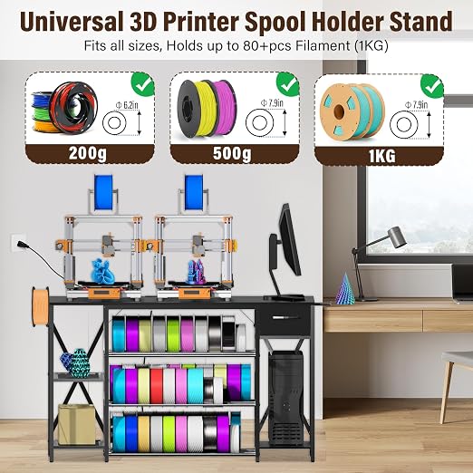 3D Printer Stand with Charging Station,Large 4-Tier 3D Printers Table with Holds 60+ Filament Storage and Storage Drawer,Filament Rack,Heavy Duty 3D Printer Desk for Workshop,Office and Garage,Black