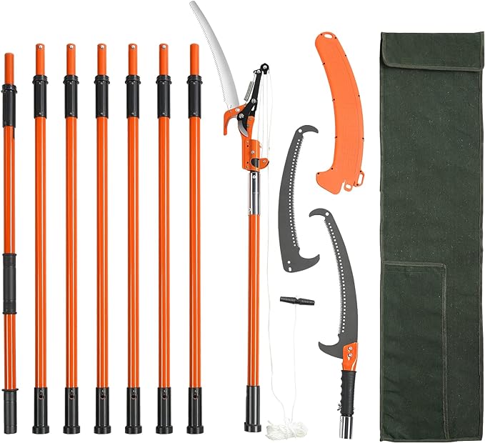 VEVOR Manual Pole Saw, 7.3-27 ft Extendable Tree Pruner, Sharp Steel Blade and Scissors High Branches Trimming, Branch Trimmer with Lightweight 8 Fiberglass Handles, for Pruning Palms and Shrubs