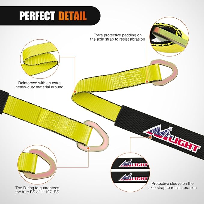 Nilight Axle Tie Down Straps 2" x 38" with D-Rings and Protective Sleeve 11,127 LBS Break Strength – Car Hauler Tie-Downs for Engine Hoist Truck Trailer & UTV 4 Pack (Yellow)