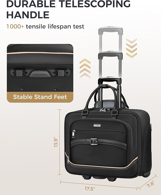 Ytonet Rolling Laptop Bag, 17.3 In Rolling Briefcase for Men Women with Accordion File Pockets, Anti Theft Laptop Bag with Wheels, Professional Roller Underseat Bag for Travel Work Teacher, Black