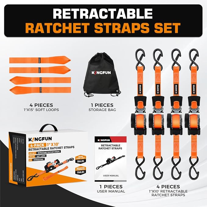 Retractable Ratchet Straps 4 Pack, 1" x 10' Self Retracting Tie Down Straps | Heavy Duty Ratchet Straps with 1760lb Break Strength, Auto Retractable Tie Down Straps for ATV, UTV, Motorcycle, Trailer