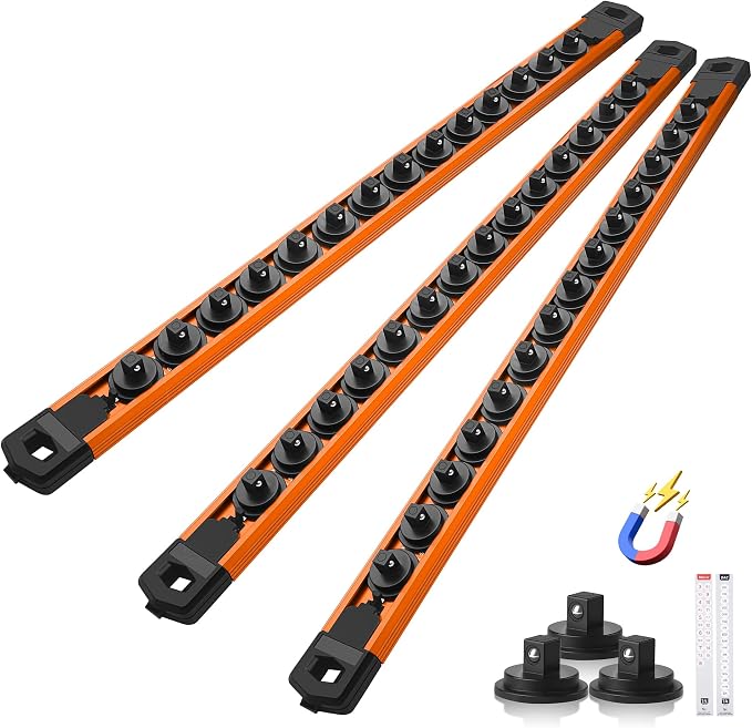 Reniteco Magnetic Socket Organizer Set, 3PC 1/4-Inch Drive Aluminum Alloy Socket Rail, Heavy Duty Magnetic Socket Holder for Tool Box Drawer, 360° Swivel Socket Rack, 1/4" x 42 Clips, Orange