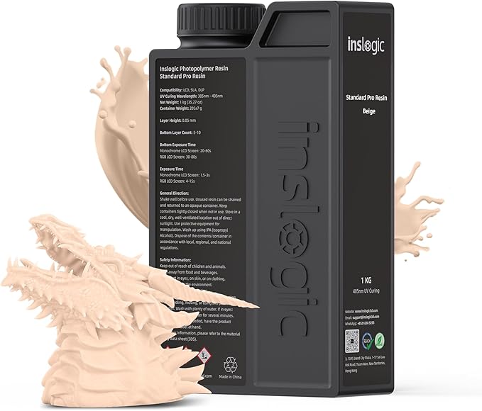 Inslogic 3D Printer Resin, Standard Pro Resin 405nm UV-Curing 3D Resin for LCD/DLP/SLA 3D Printing, High Precision & Low Shrinkage & Fast Curing (Beige, 1kg)