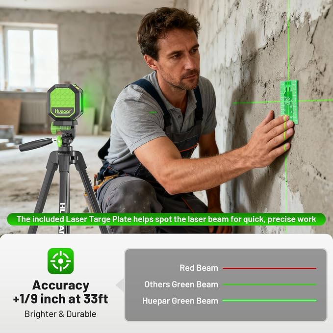 Laser Level with 60 Inch Tripod, Fathers Day Dad Gifts, Huepar 100Ft Self Leveling Laser Level Rechargeable Green Cross Line Lazer Leveler Tool for Picture Hanging, Magnetic Bracket & Target Plate