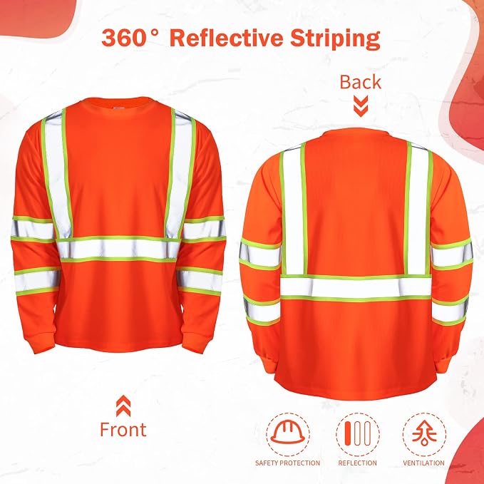 Zhanmai 6 Pack Safety Long Sleeve, Class 3 High Visibility T Shirt with Reflective Strips for Work Surveyor Construction