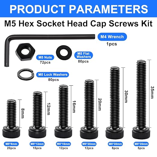 304PCS M5 Screws Kit, M5x8/12/16/20/30/35mm Hex Socket Head Cap Screws Bolts Nuts Washers Kit, 12.9 Grade Alloy Steel Metric Machine Screw for 3D Printing
