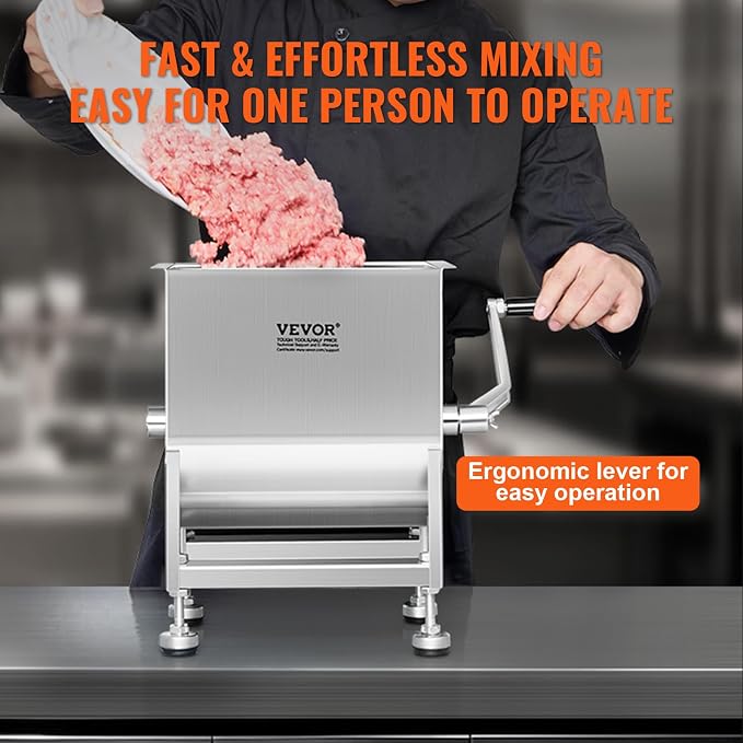 VEVOR Manual Meat Mixer, 10L Fixed Tank – Heavy Duty Stainless Steel Hand Mixer for Ground Beef & Sausage, Max 15lb Mixing Meat Capacity, with Lid Handle