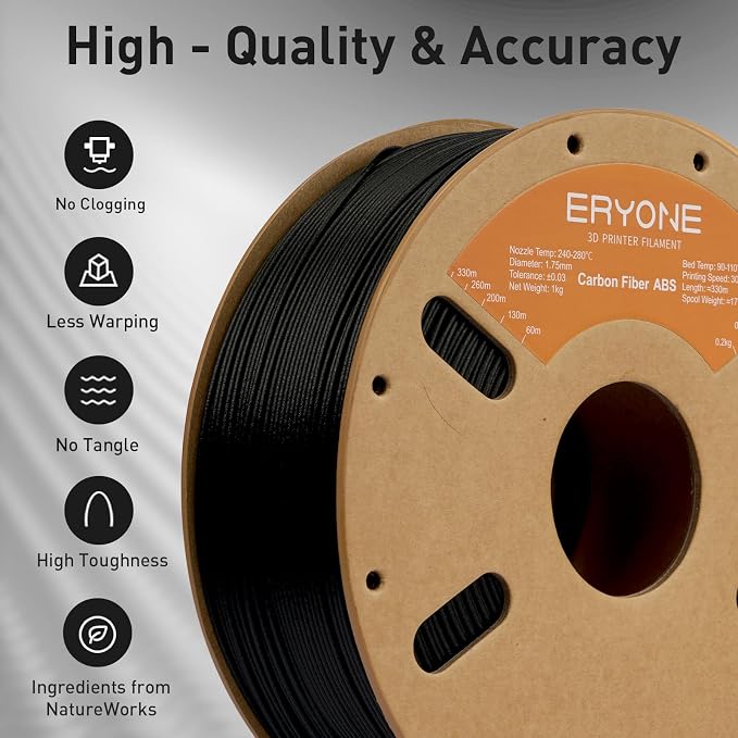 ERYONE ABS Filament, ABS+ 3D Printer Filament 1.75mm +/- 0.03mm, Heat Resistant, High Toughness & Impact Resistance, 1kg (2.2LBS)/Spool, ABS Carbon Fiber Black