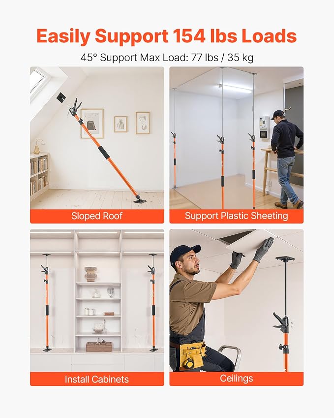 VEVOR Cabinet Jack Support Pole, 2-Pack, 45.7-114.2 Inch Steel Telescopic Quick Support Rod, Adjustable 3rd Hand System up to 154 lbs Capacity for Installing Cabinets, Lifting Drywall, Cargo Bars