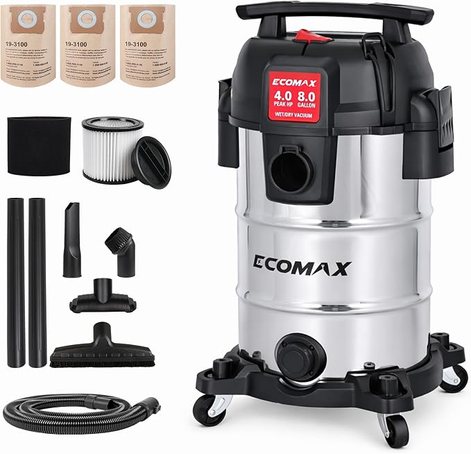 ECOMAX 8 Gallon Ultra Quiet Stainless Steel Shop Vacuum Wet and Dry | 4 Peak HP, 80% Quieter Operation, Durable Long Life Motor, Portable Vacuum for Garage, Workshop, Jobsite, Complete Accessory