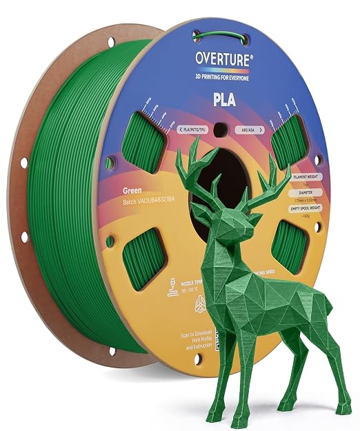 OVERTURE PLA Filament 1.75mm, Neatly Wound 3D Printer Filament 1kg Spool (2.2lbs), Dimensional Accuracy +/- 0.02 mm, Fit Most FDM 3D Printers (Green)