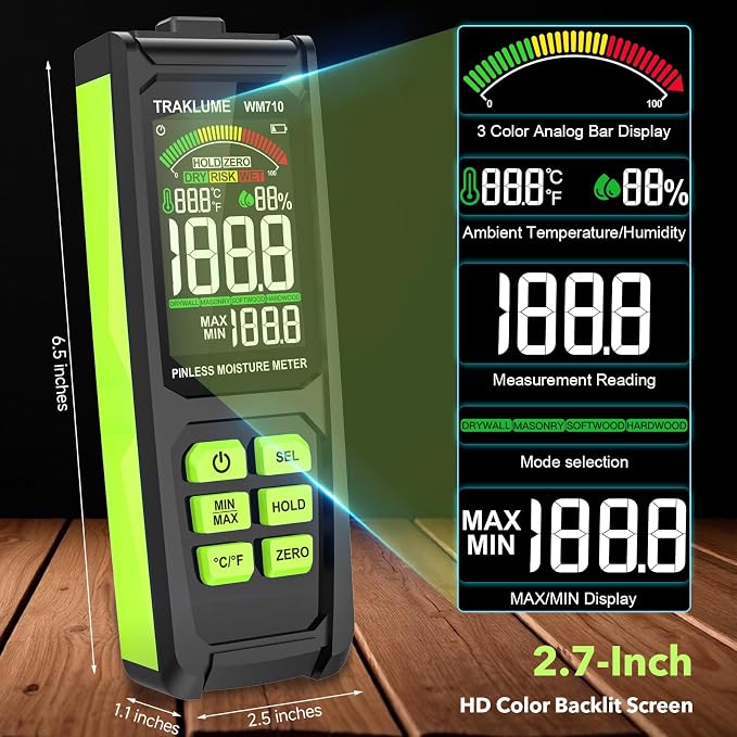 Wood Moisture Meter for Lumber Pinless Moisture Tester for Drywall with Colorful Screen Moisture Reader for House Firewood Moisture Detector for Walls Moisture Sensor for Wood Wall Water Leak Detector