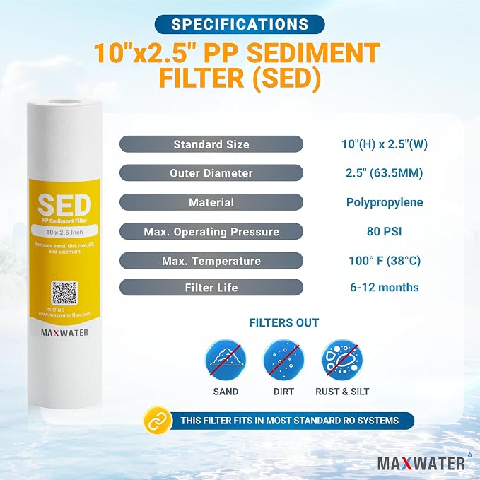 Max Water 1 Micron 10 x 2.5 Sediment Water Filter Replacement Cartridge for Whole House, Melt Blown Filtration Fiber for Heavy Duty Well Water Filter Replacement AP110, WHKF-GD05 (Pack of 50)