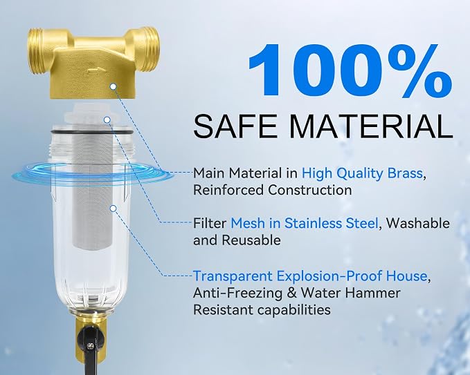 POHIR Spin Down Sediment Filter 40/100/200 Micron, Reusable Water Filter for Whole House Pre-Filtration System, 1" MNPT + 3/4" FNPT + 3/4"MNPT with Sewage Drain Pipe