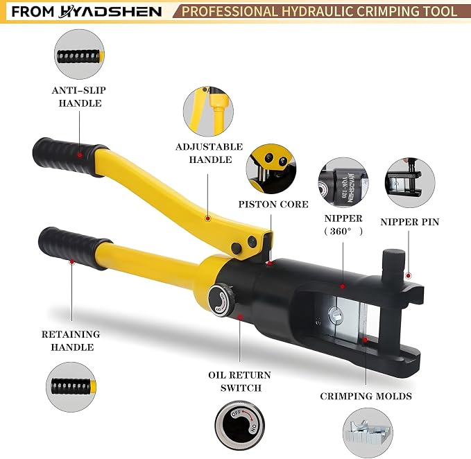 12 Ton Hydraulic Crimping Tool 6 AWG to 500MCM, Battery Cable Lug Terminal Crimper With 10 dies，Easy to Operate Hydraulic Wire Crimping Tool Kit for Wire Rope