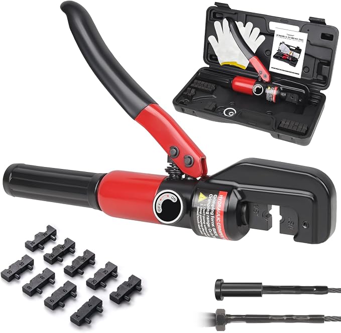 Upgraded Hydraulic Crimping Tool for 1/8" 3/16" Stainless Steel Cable Railing Kits, Hand Hydraulic Crimper with Return Spring, Reinforced Unbreakable Head and 9 Pairs Black Oxide Coated Dies